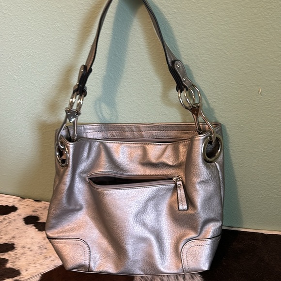 Silver colored purse with hair on hide key/card holder - Picture 2 of 9